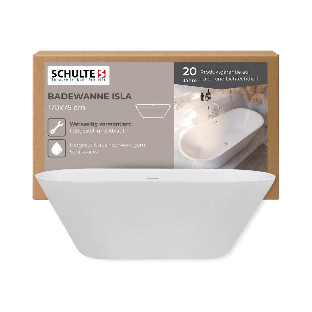 Schulte freistehende Badewanne 170 x 75 cm, hochwertiges Sanitär-Acryl Weiss, Komplettset inkl. Abla
