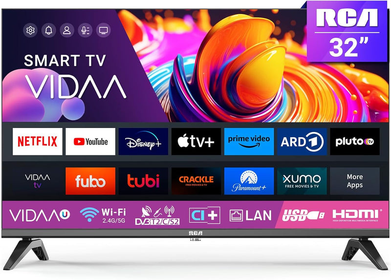 RCA 32 Zoll (80 cm) Smart TV VIDAA Fernseher WiFi, Triple Tuner DVB-T/T2, DVB-C, DVB-S/S2, App Store