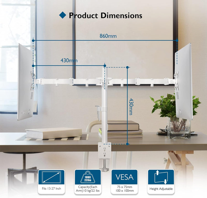 BONTEC Monitor Halterung 2 Monitore für 13-27 Zoll Flach & Curved Bildschirm, Monitor Tischhalterung