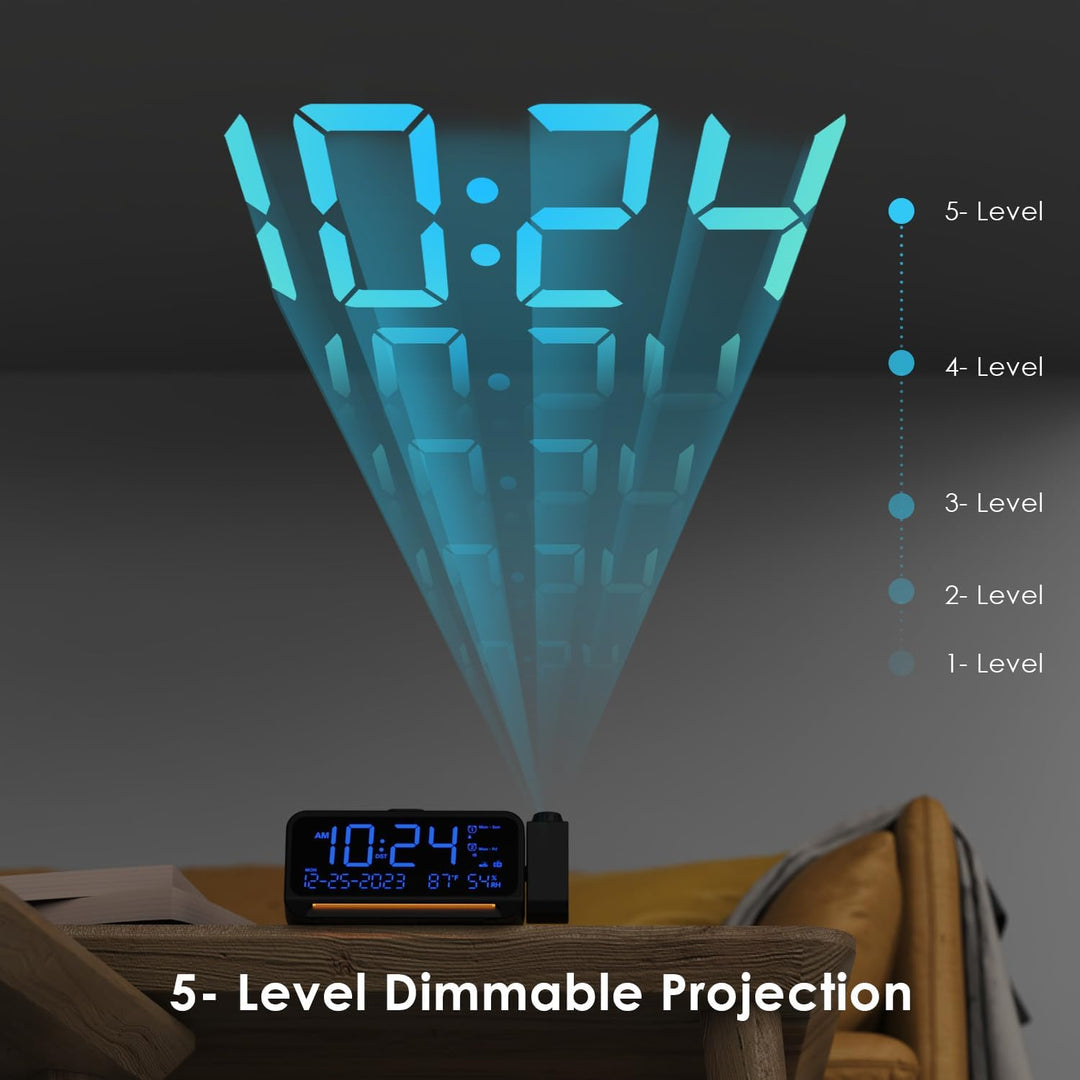 ROCAM Radiowecker mit Projektion, Projektionswecker für Schlafzimmer, Digital Uhr, Dimmer, Typ-C USB