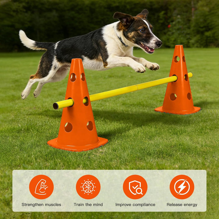 Steckhürdenset 10 Kegel + 5 Stangen, Höhenverstellbare Agility Hürden für Hundesport & Fussballtrain