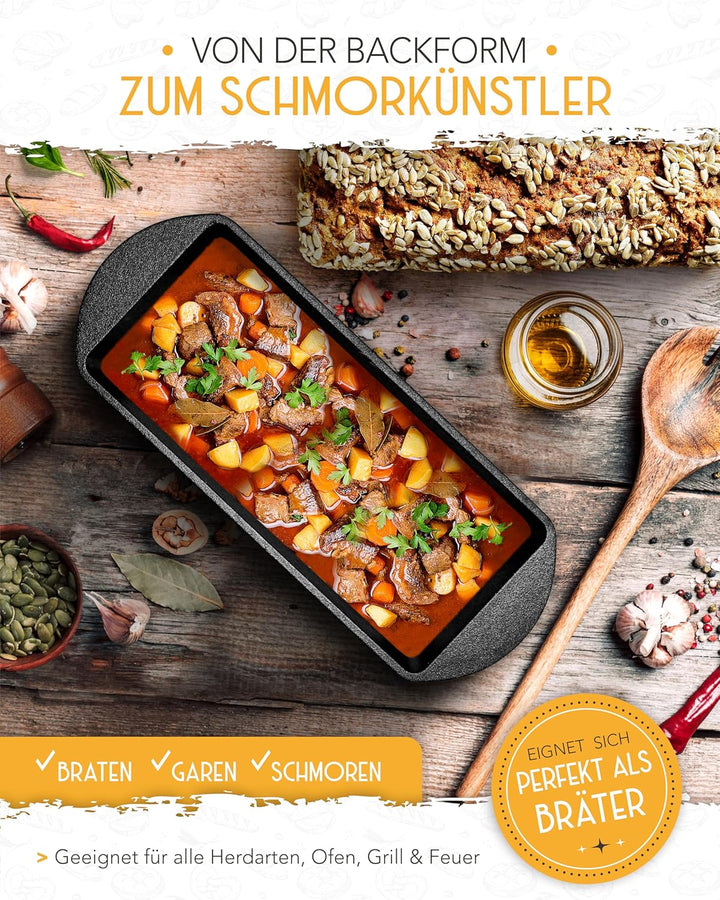 KRUSTENZAUBER Gusseisen Brotbackform mit Deckel - Robuste rechteckige 28cm Backform - Ideal als Kast