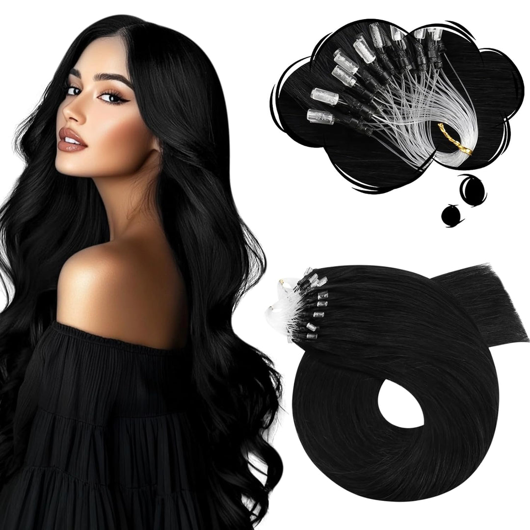 Moresoo Microring Extensions Echthaar Schwarz 1g/s 35cm Remy Extensions Echthaar mit Microrings Cold