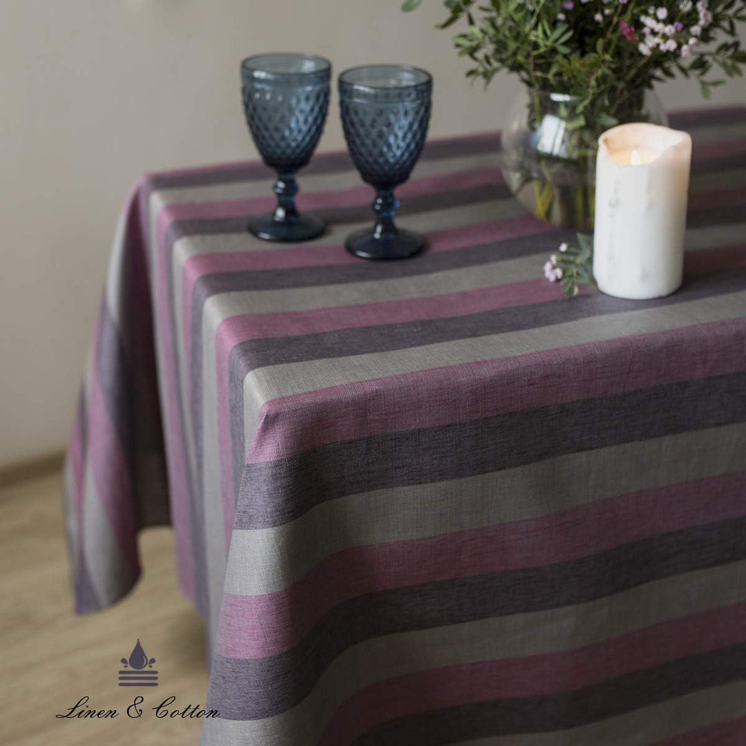 Linen &amp; Cotton Tischdecke Wachstuch Gartentischdecke Silva - 100% Leinen, Lila Rosa Grau (147 x 220