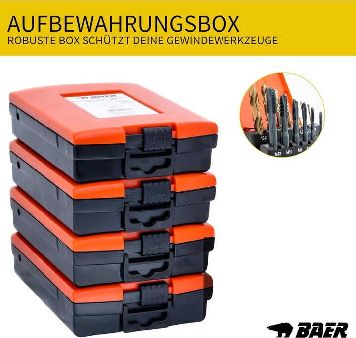 BAER Gewindeschneider Set M3 - M12 | HSSE Edelstahl | Edelstahlbohrer inklusive Bohrpaste | Maschine