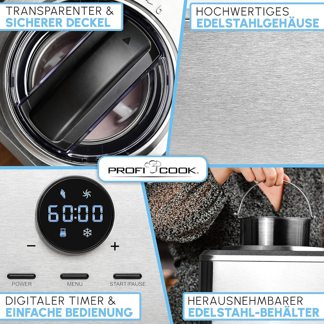 ProfiCook Eismaschine und Joghurtbereiter | Eis in 20 min. | für bis zu 1500ml | Eismaschine mit Kom