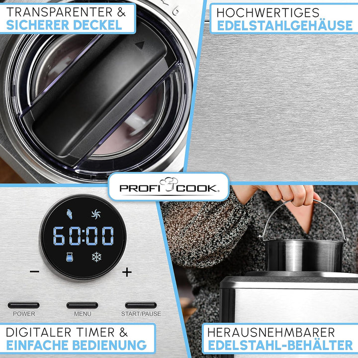 ProfiCook Eismaschine und Joghurtbereiter | Eis in 20 min. | für bis zu 1500ml | Eismaschine mit Kom