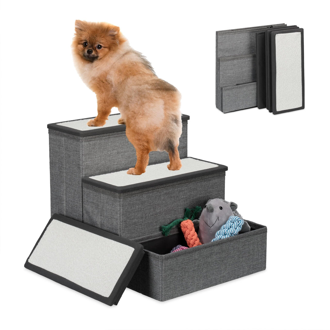 Relaxdays Hundetreppe, 3 Stufen, mit Stauraum, Hunde & Katzen, HxBxT: 39 x 40 x 49 cm, Faltbare Tier