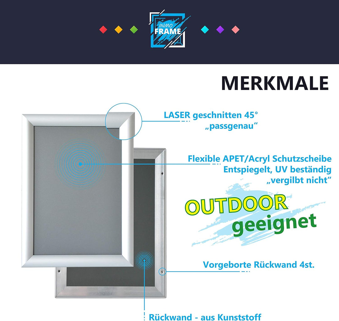 INMO Alu-Klapprahmen DIN A4 mit Aluminium Profil ohne Glas - Klappbarer Bilderrahmen Silber - Fotora