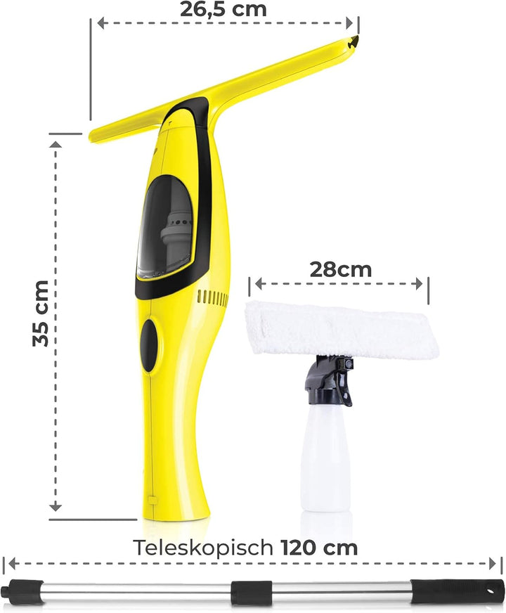 Fensterreiniger Elektrisch für PERFECT Fenster Putzen | Akku Fenstersauger mit Teleskopstange 120cm
