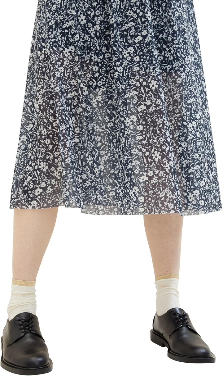 Tom Tailor Denim Damen Mesh Kleid mit Muster XS 16355-blue Flower Print, XS 16355-blue Flower Print