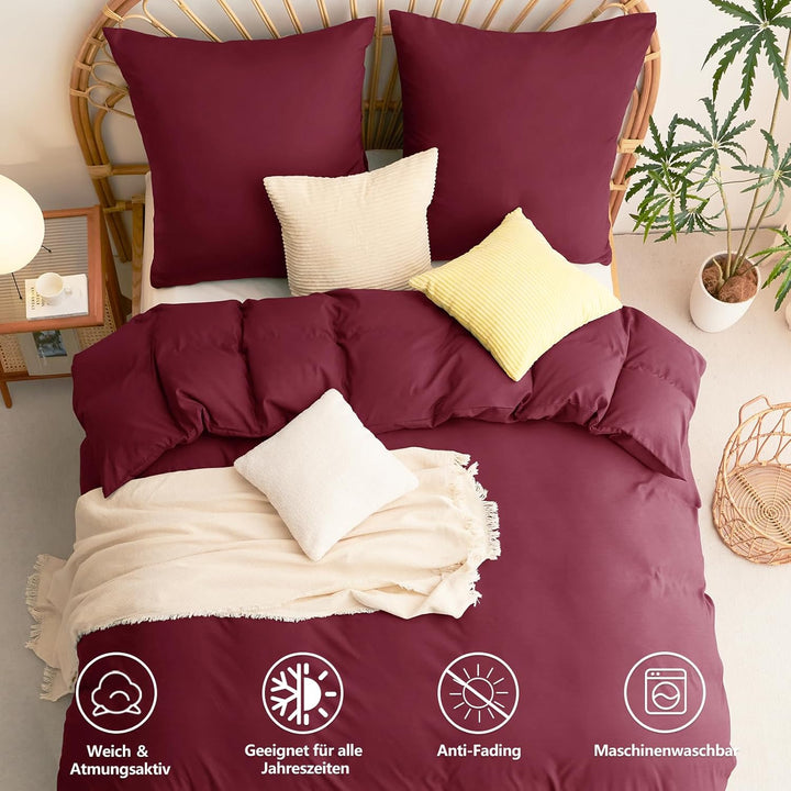 WAVVE Bettwäsche 200x200 3 teilig Weinrot Rot - Bettbezug 200 x 200 Set mit Kissenbezüge 80x80 cm, B
