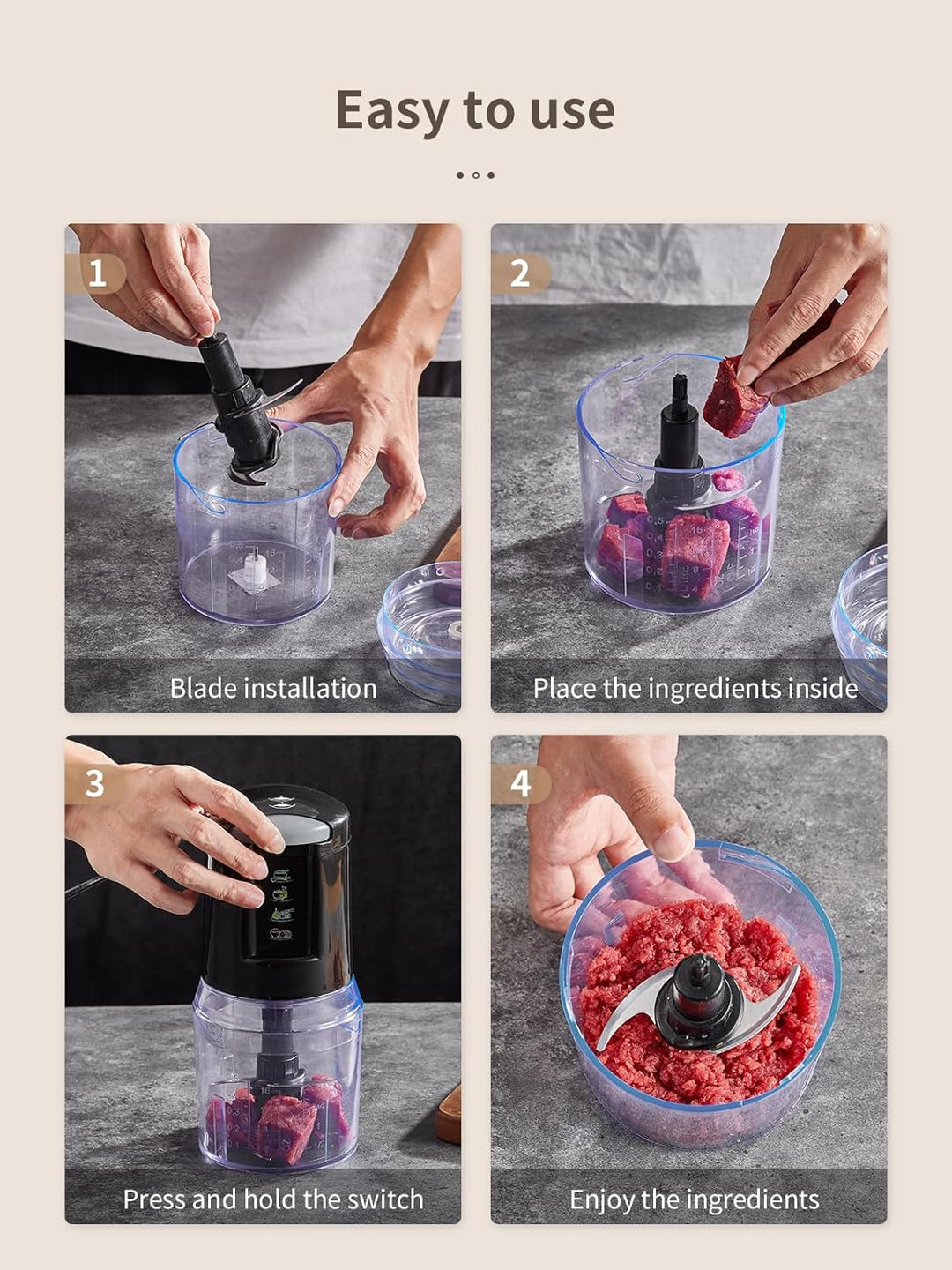 Mini Zerkleinerer Elektrisch 500ml, 300W Küchenmaschine mit 4 Edelstahlklingen & 2 Geschwindigkeiten