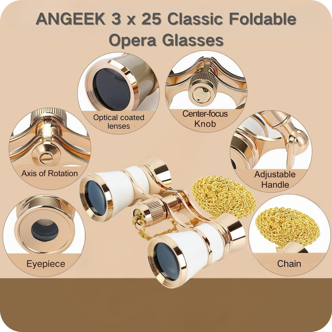 ANGEEK 3 x 25 Classic Foldable Opera Glasses Binoculars Metal Body with Chain Optical Lens Theater T