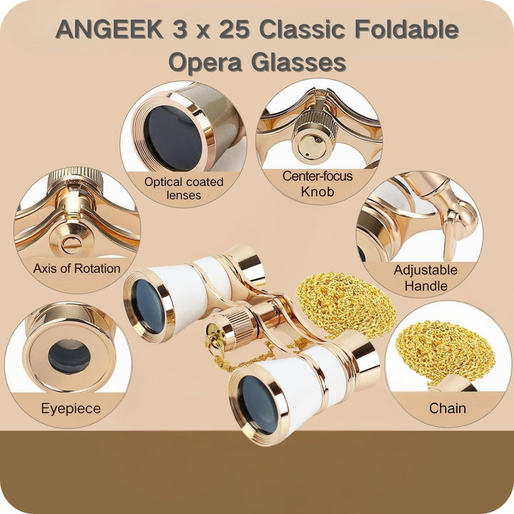 ANGEEK 3 x 25 Classic Foldable Opera Glasses Binoculars Metal Body with Chain Optical Lens Theater T