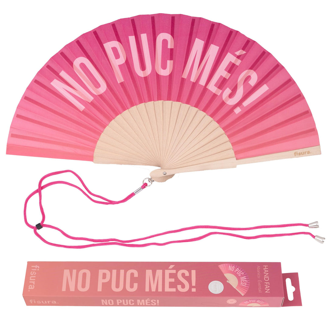 FISURA – Handfächer aus Holz mit der Aufschrift No puc més!“. Trendiges Accessoire mit rosa Farbverl
