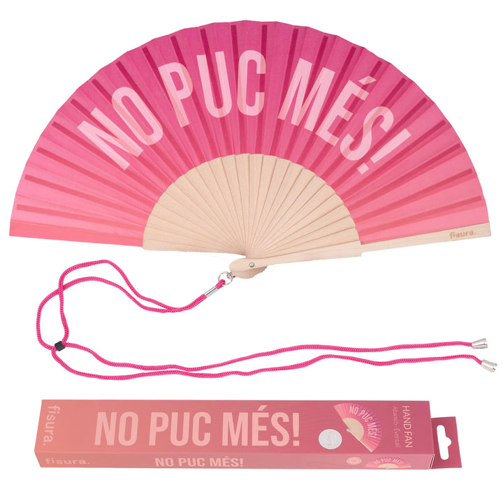 FISURA – Handfächer aus Holz mit der Aufschrift No puc més!“. Trendiges Accessoire mit rosa Farbverl