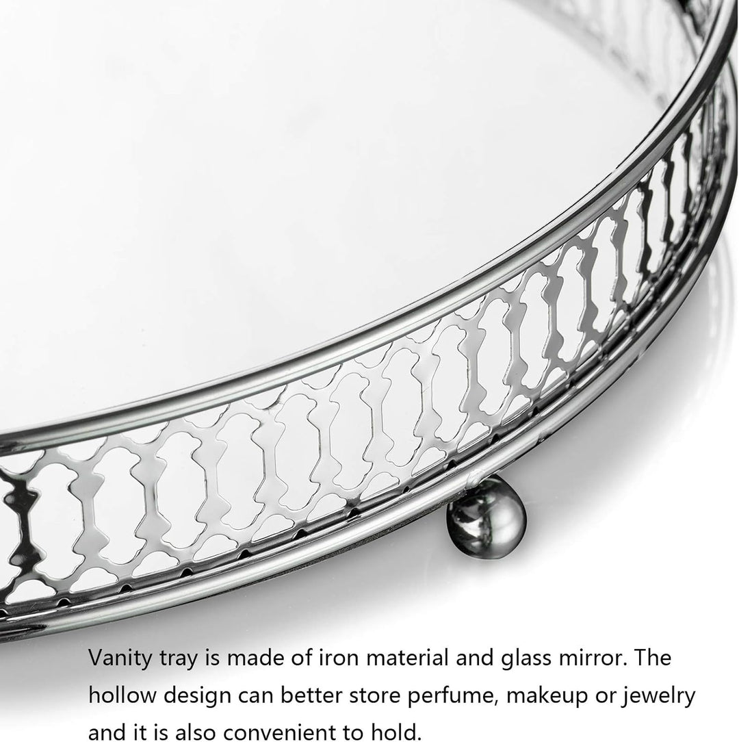 NUPTIO Spiegelglas Makeup Tablett 25cm Durchmesser, Silber Runde Deko Tablett Kerzenplatte Schmuck T