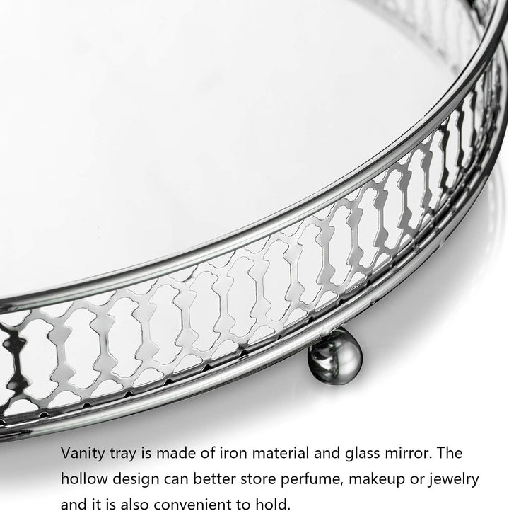NUPTIO Spiegelglas Makeup Tablett 25cm Durchmesser, Silber Runde Deko Tablett Kerzenplatte Schmuck T