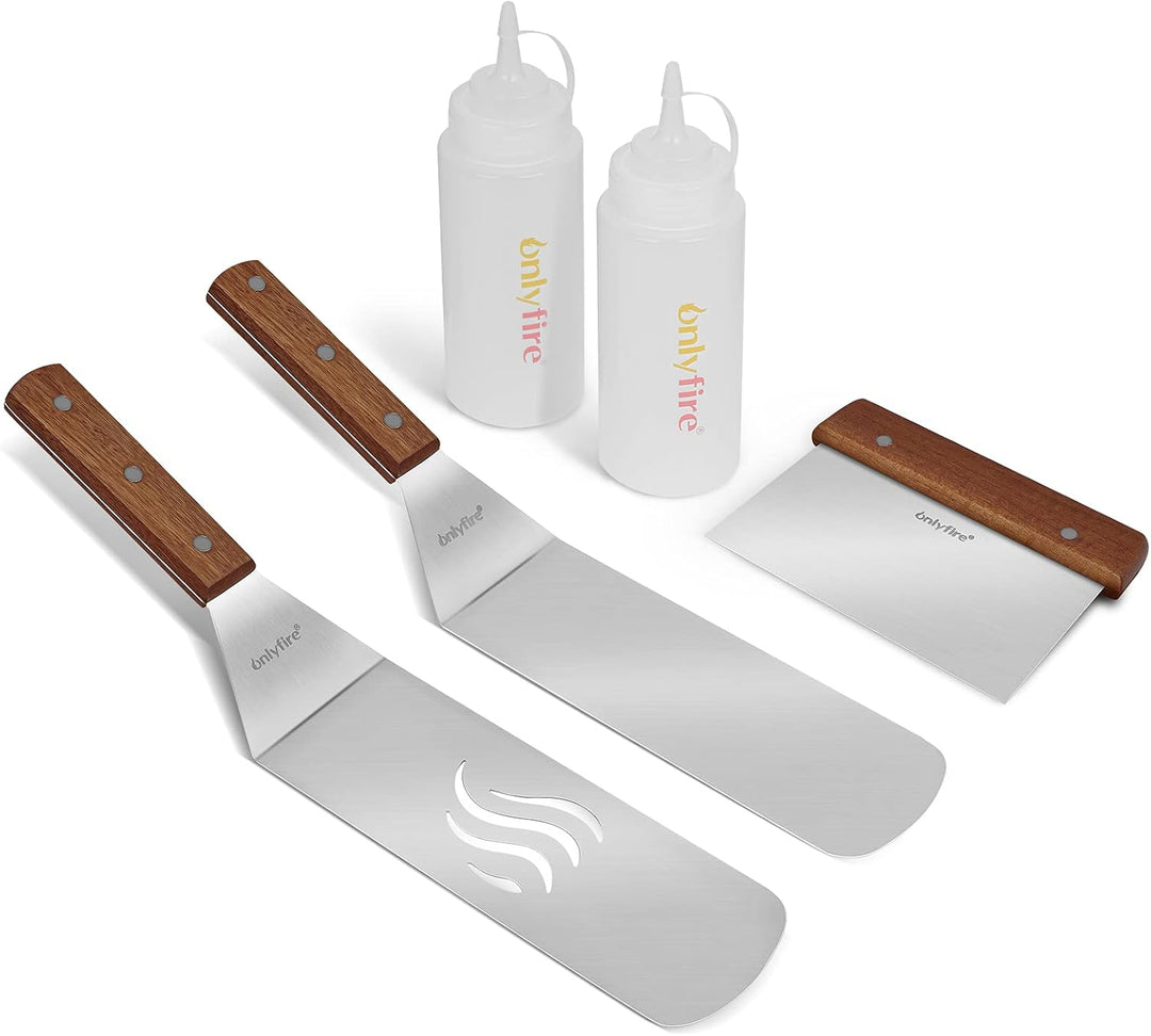 Onlyfire Grillspachtel Plancha Kit aus Edelstahl für Grillplatte, enthält: 2X Pfannenwender, 1x Spac