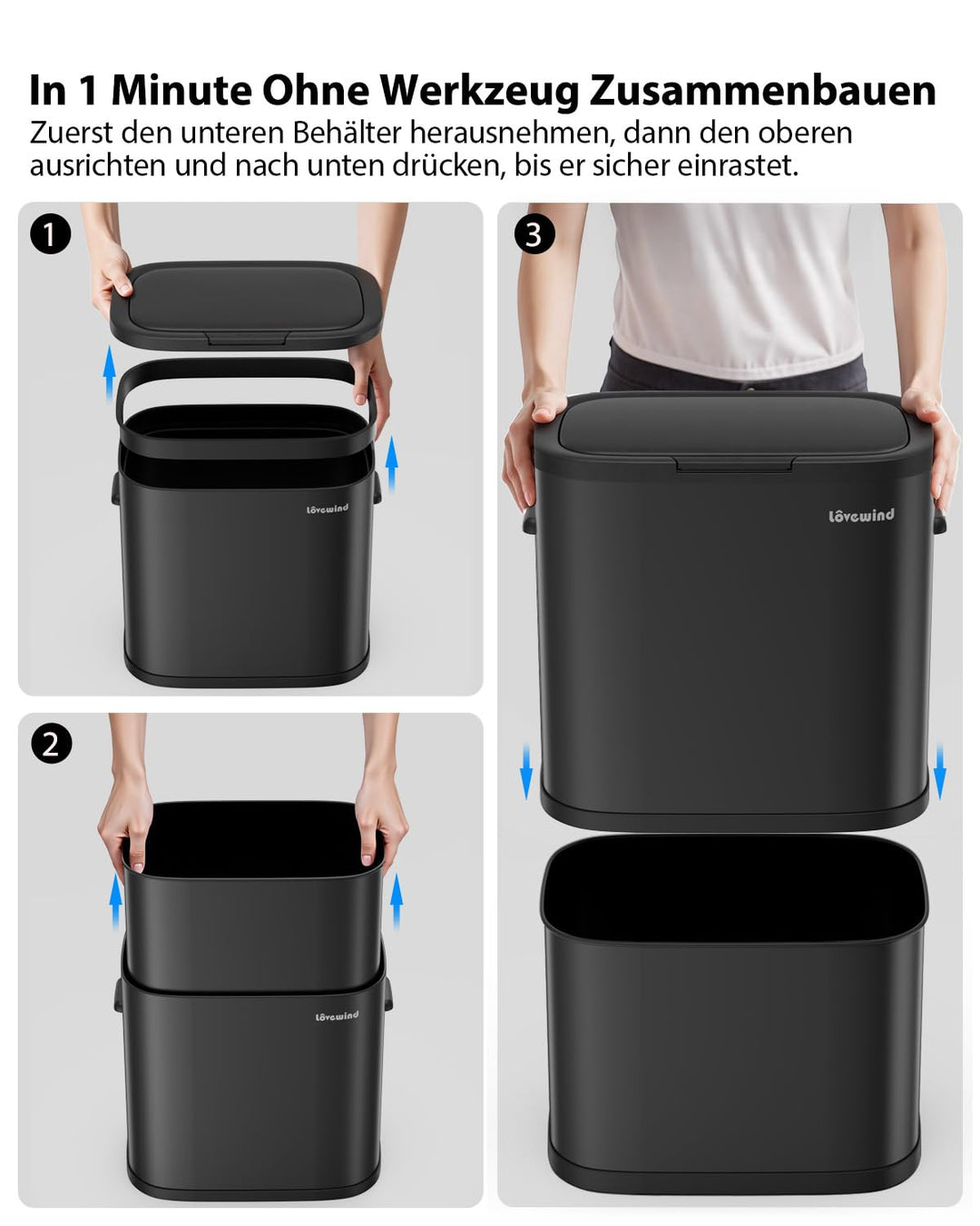 lovewind Mülleimer Küche 60L Edelstahl, Abfalleimer küche mit Deckel, Soft-Close Verschluss, Werkzeu