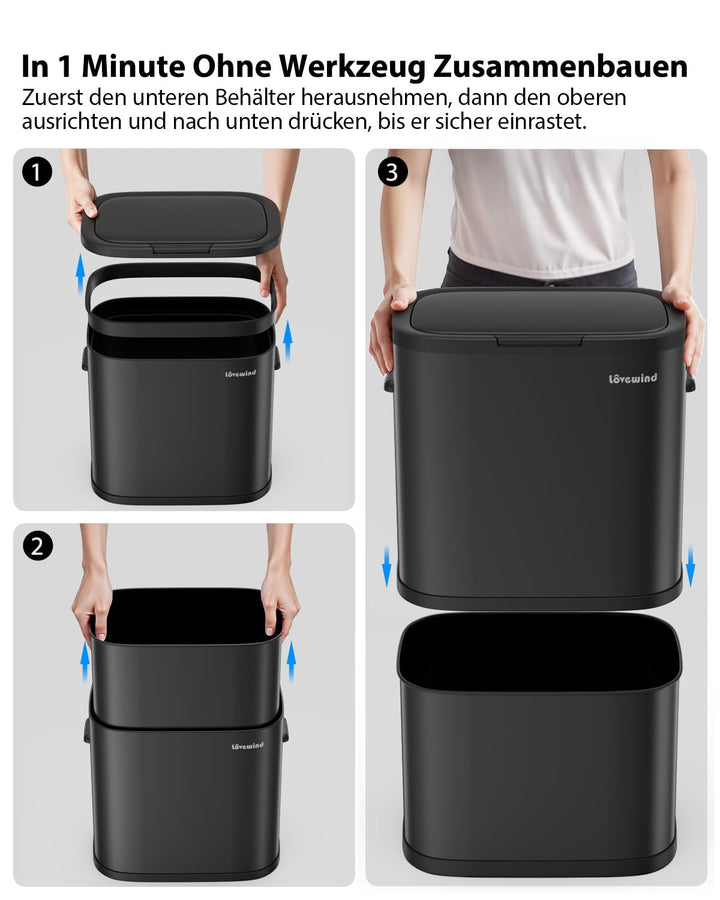 lovewind Mülleimer Küche 60L Edelstahl, Abfalleimer küche mit Deckel, Soft-Close Verschluss, Werkzeu