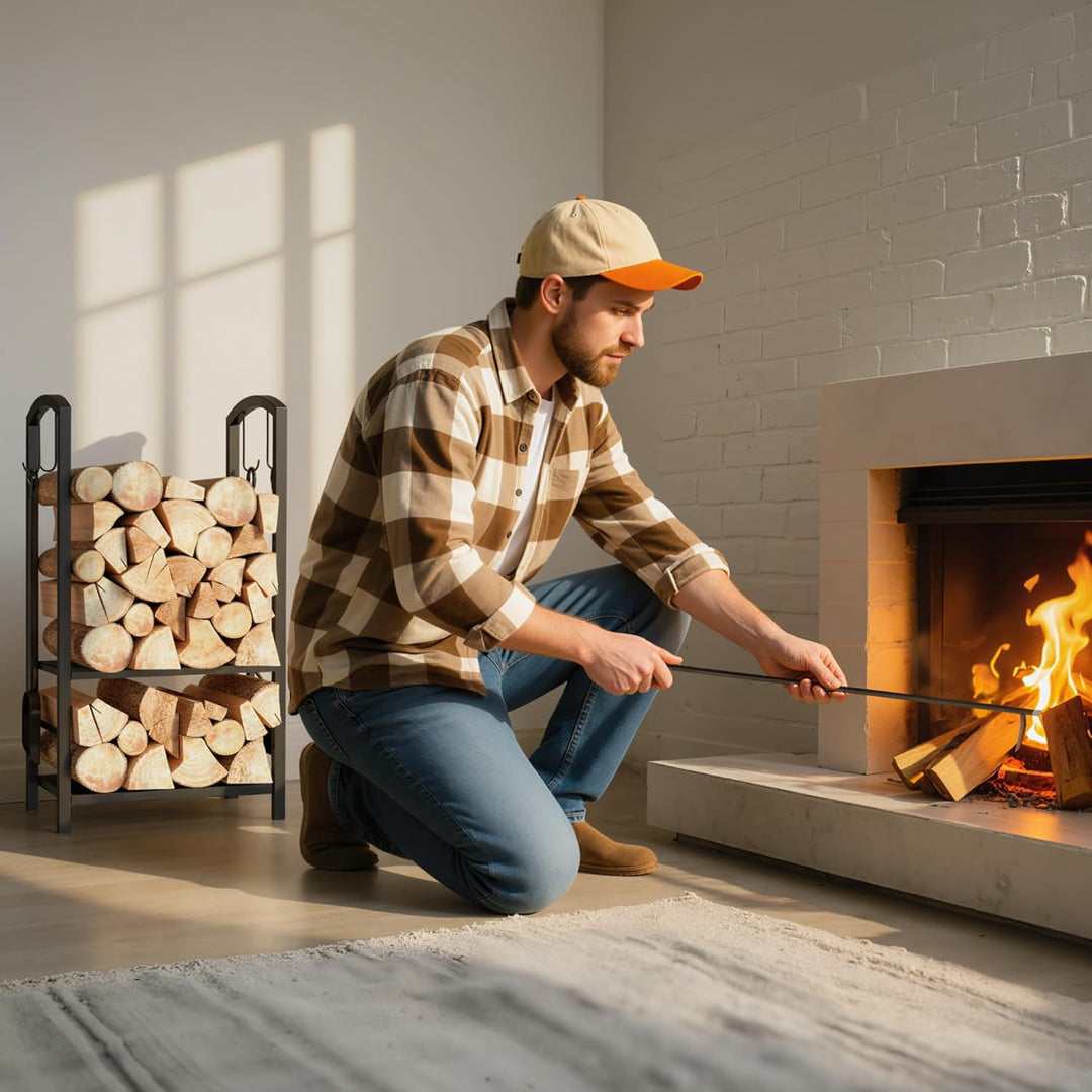 Outsunny Kaminholzständer Brennholzregal Feuerholzablage 2 Schichte Kaminwerkzeug Schwarz 40x30x74,5