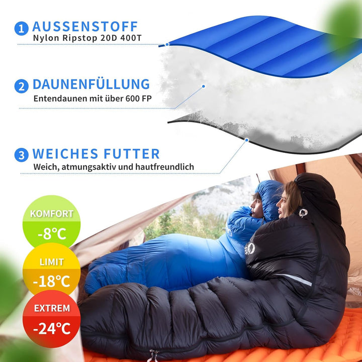 Daunenschlafsack, 4-Jahreszeiten-Schlafsack, Winterschlafsack -3°C bis -20°C Geeignet für Camping, W