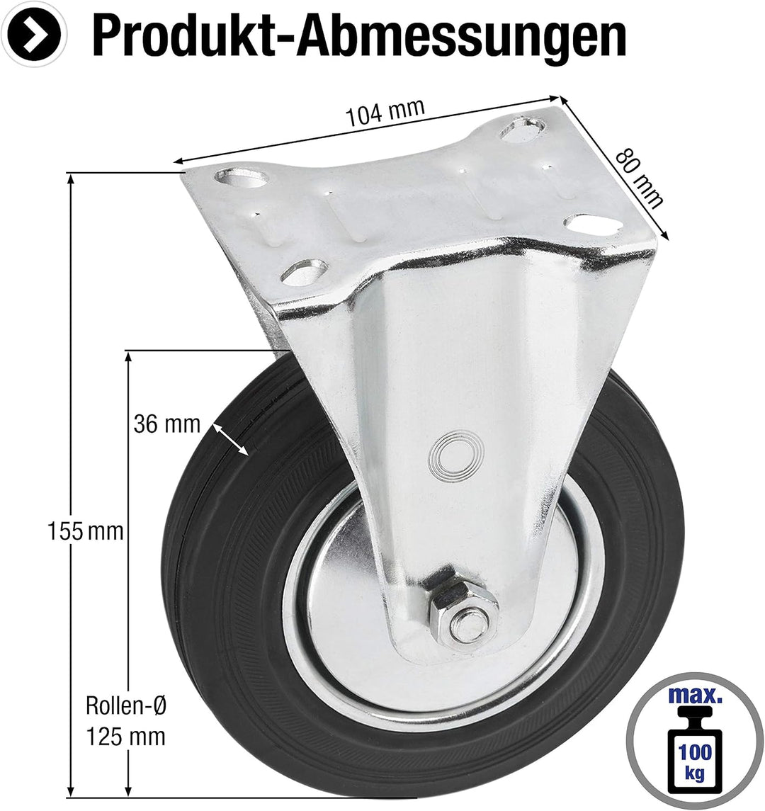 Metafranc Bockrolle Ø 125 mm - 104 x 80 mm Platte - Vollgummi-Rad - Weiche Lauffläche - Rollenlager