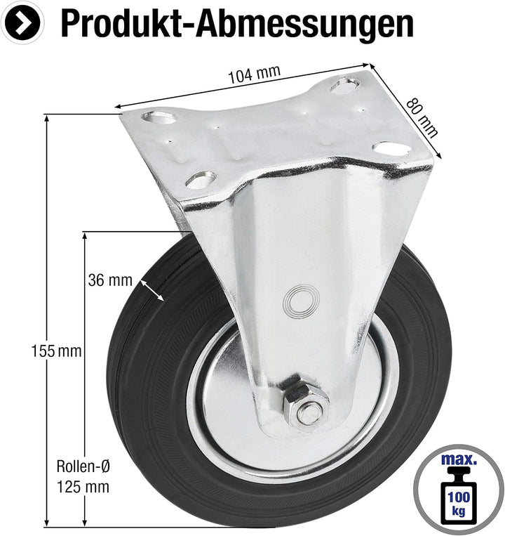 Metafranc Bockrolle Ø 125 mm - 104 x 80 mm Platte - Vollgummi-Rad - Weiche Lauffläche - Rollenlager