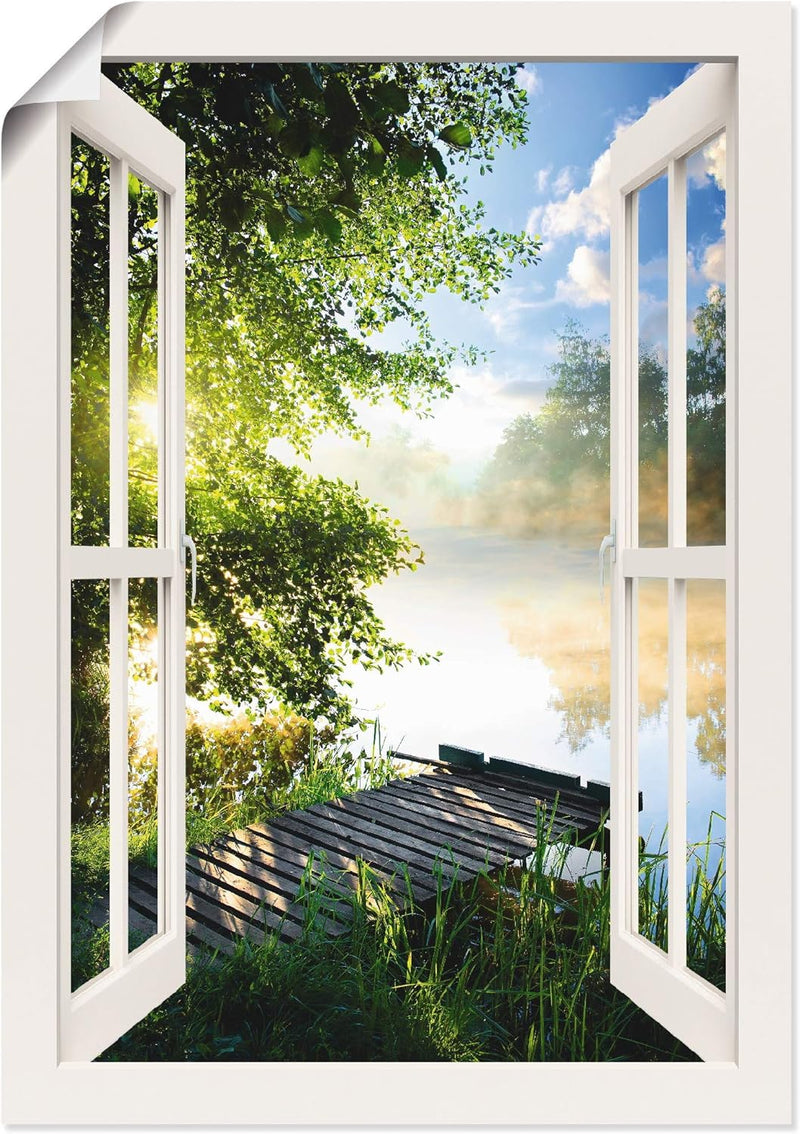 ARTland Poster Bild ohne Rahmen Wandposter 70x100 cm Fensterblick Fenster Landschaft Wald Natur See