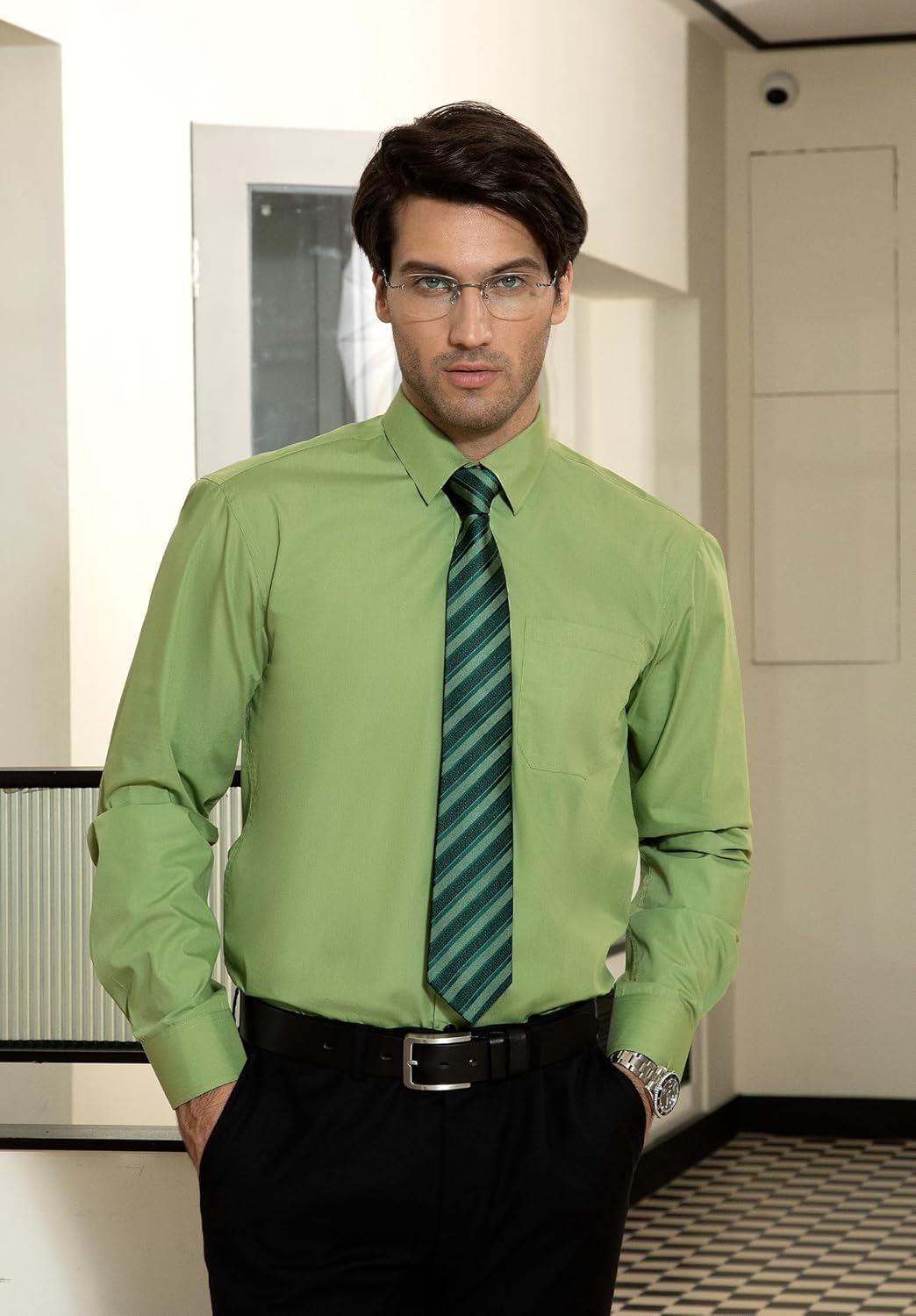 HISDERN Herren Hemd Langarm Einfarbige Hemden mit Krawatte und Taschentuch Formelle Businesshemd Hoc