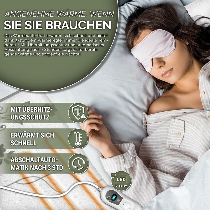 sinnlein Wärmeunterbett 150x80cm mit Abschaltautomatik | Heizdecke mit 3 Temperaturstufen | Wärmebet