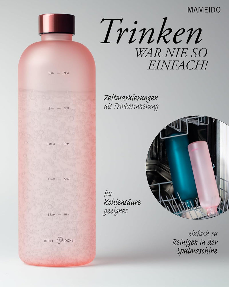 MAMEIDO Trinkflasche 1,5l & 1l Kohlensäure geeignet, auslaufsichere Trinkflasche mit Zeitmarkierung