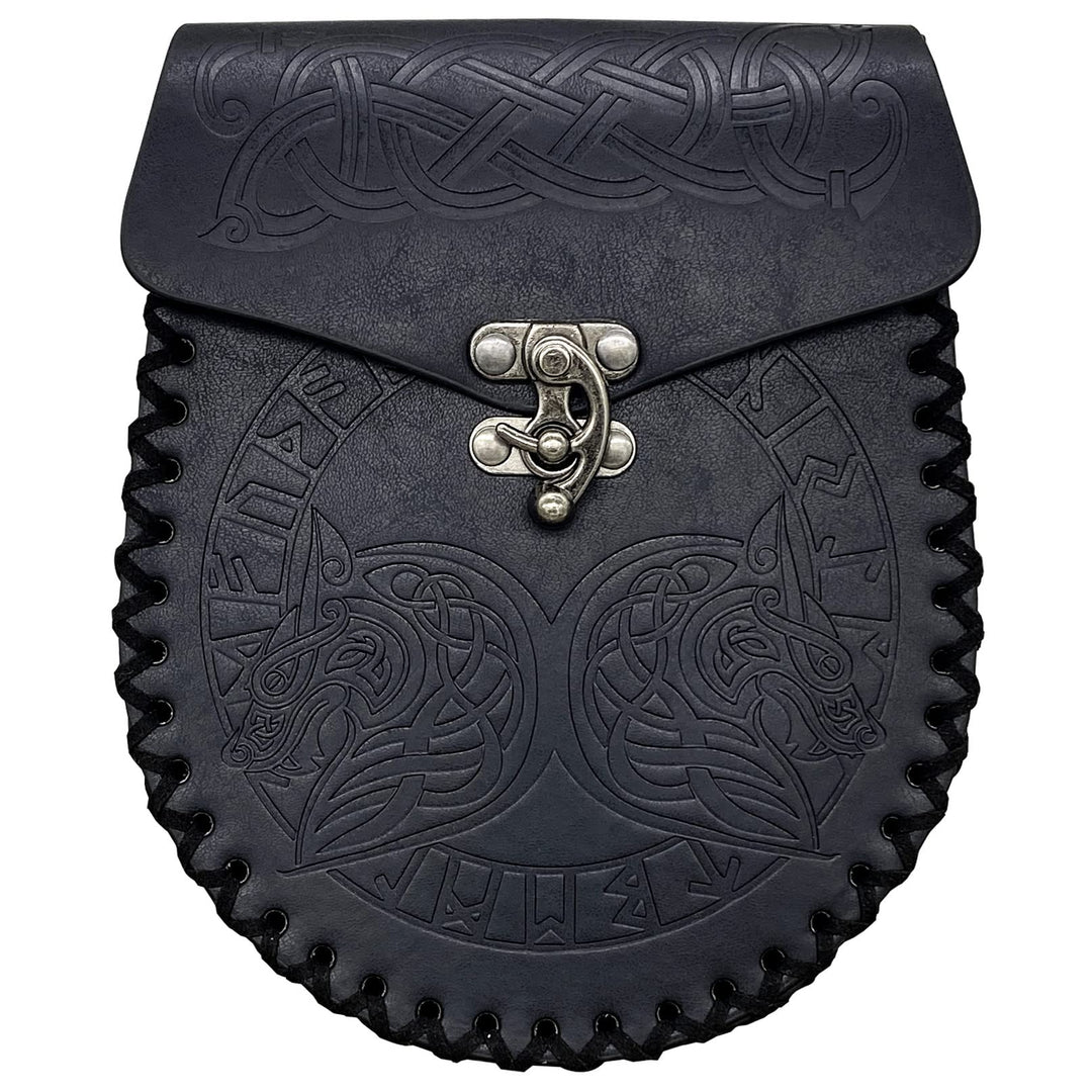 Nordische geprägte Gürteltasche, mittelalterliche Kunstledertasche, Schwarze Wikinger-Renaissance-Mü