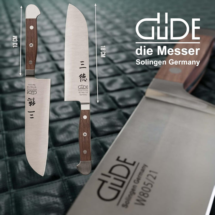 GÜDE Solingen - Santoku Messer geschmiedet, 18 cm, Walnussholz, ALPHA WALNUSS, Doppelkropf, Handmade