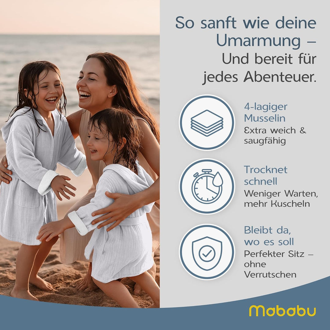 Mababu Bademantel Kinder mit Kapuze | 100% Bio-Baumwolle GOTS Zertifiziert | Premium Musselin Kinder