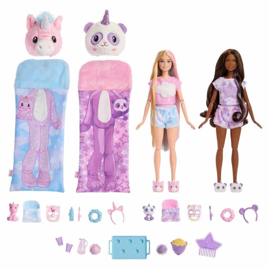 Barbie Cutie Reveal Pyjamaparty Deluxe Set - Über 35 Überraschungen inkl. 2 Puppen, 2 Haustiere, Far