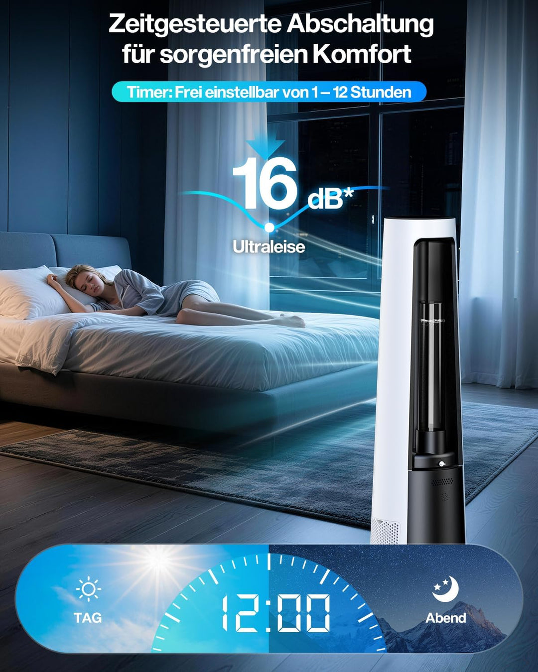 4-in-1 Leiser Turmventilator mit Luftbefeuchter, Luftreiniger &amp; Beduften, Standventilator mit Befeuc
