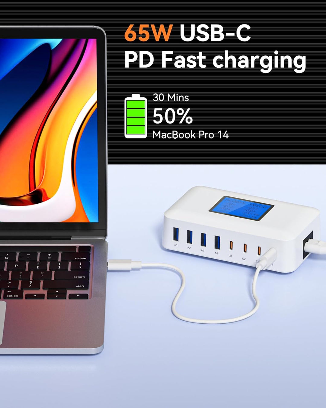 200W USB C Ladegerät Mehrfach – 8-Port USB C Netzteil, USB Ladestation mit LCD Bildschirm, PD 65W Sc
