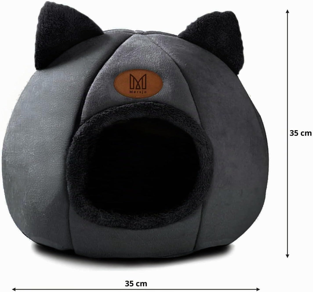 Katzenhöhle mit Ohren, Plüsch-Katzenbett, Schwarz, rutschfeste Unterseite, Schwarz