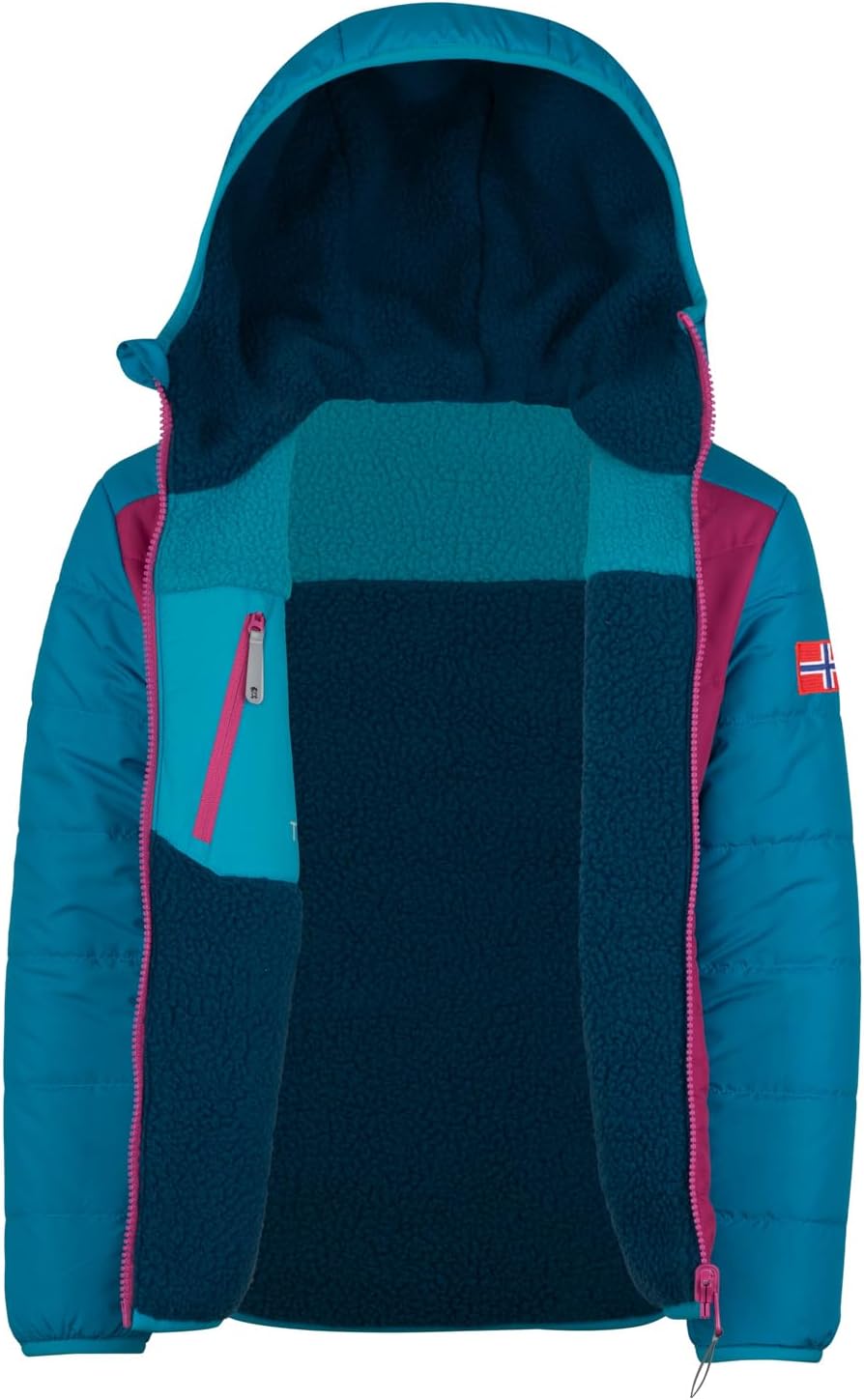 Trollkids winddichte Kinder Jacke mit Reissverschlusstaschen SANDVIKA 92 Helle Beere/Dunkeltürkis/Ma