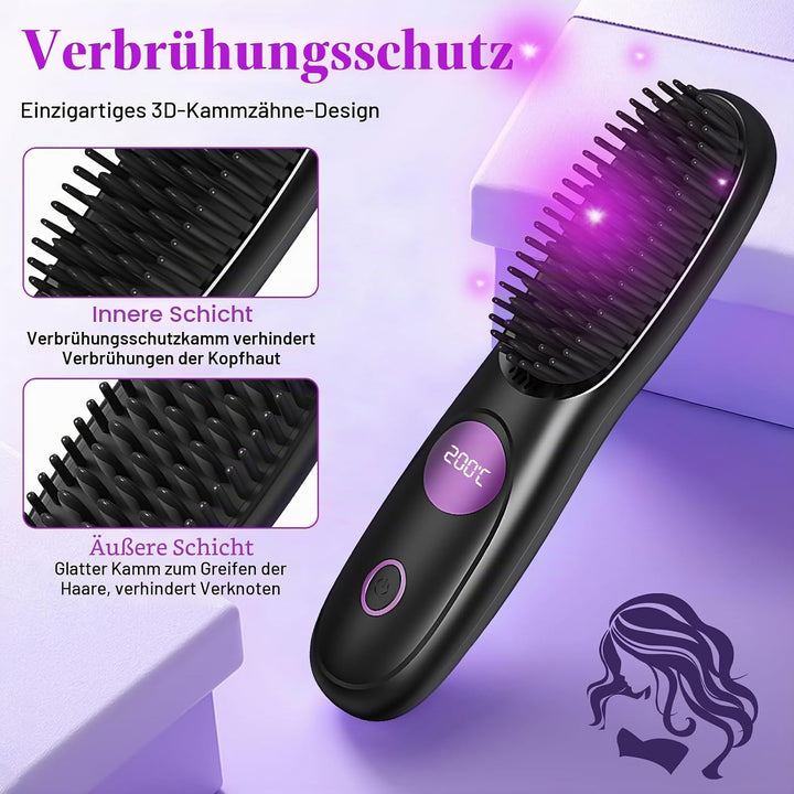 Tragbarer Stylingbürste, Stylingbürste für Kurze Haare, Glättbürste Kabellos mit 3 Temperaturen Vers