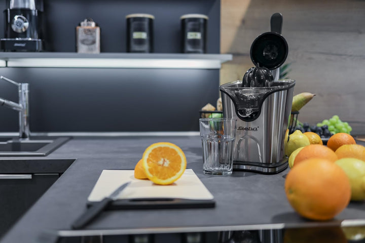 Steba Zitruspresse mit Edelstahlgehäuse, praktischer Hebel-Pressarm für optimale Saftausbeute, alle