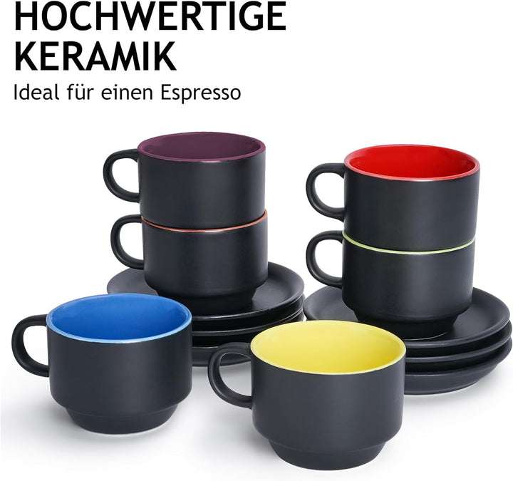 MIAMIO - 6 x 75 ml Espressotassen Set/Espresso Tassen Set mit Untertasse & Ständer - Kaffeetassen Se