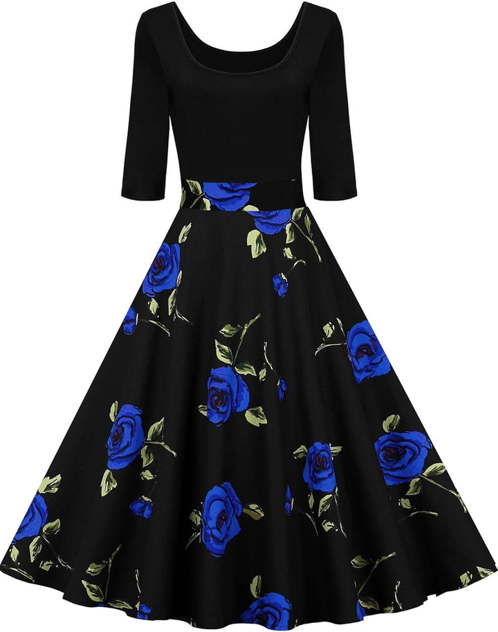 AXOE Damen A-Linie Kleid 60er Jahre Rockabilly 3/4 Ärmel