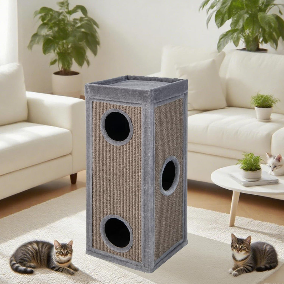 GYMAX Kratztonne 40 x 40 x 99 cm, 4-stöckige Katzentonne mit 3 Höhlen, abnehmbare Plüschkissen &amp; 2 K