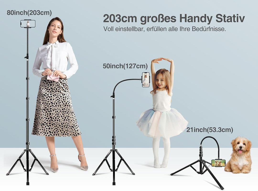 elitehood 203cm Handy Stativ, 360° Drehbar Overhead Stativ iPhone Gross | Hoch Aluminium Stativ für
