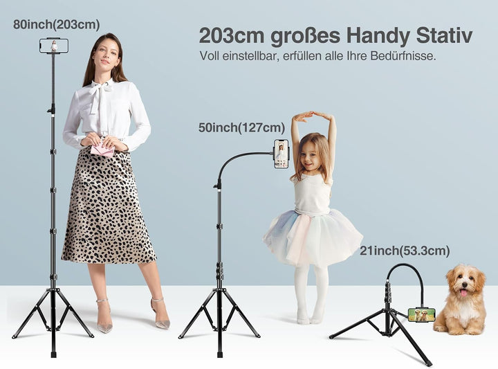 elitehood 203cm Handy Stativ, 360° Drehbar Overhead Stativ iPhone Gross | Hoch Aluminium Stativ für