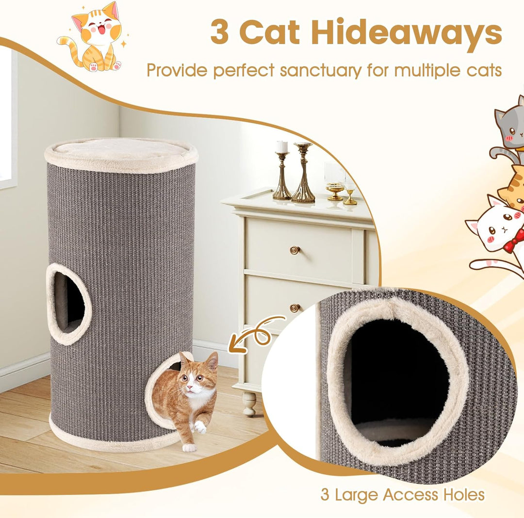 COSTWAY Kratztonne, Ø 36 cm, 70 cm hoch, Katzentonne mit Sisal-Kratzbrett, 3 Katzenhöhlen, Plüschbet